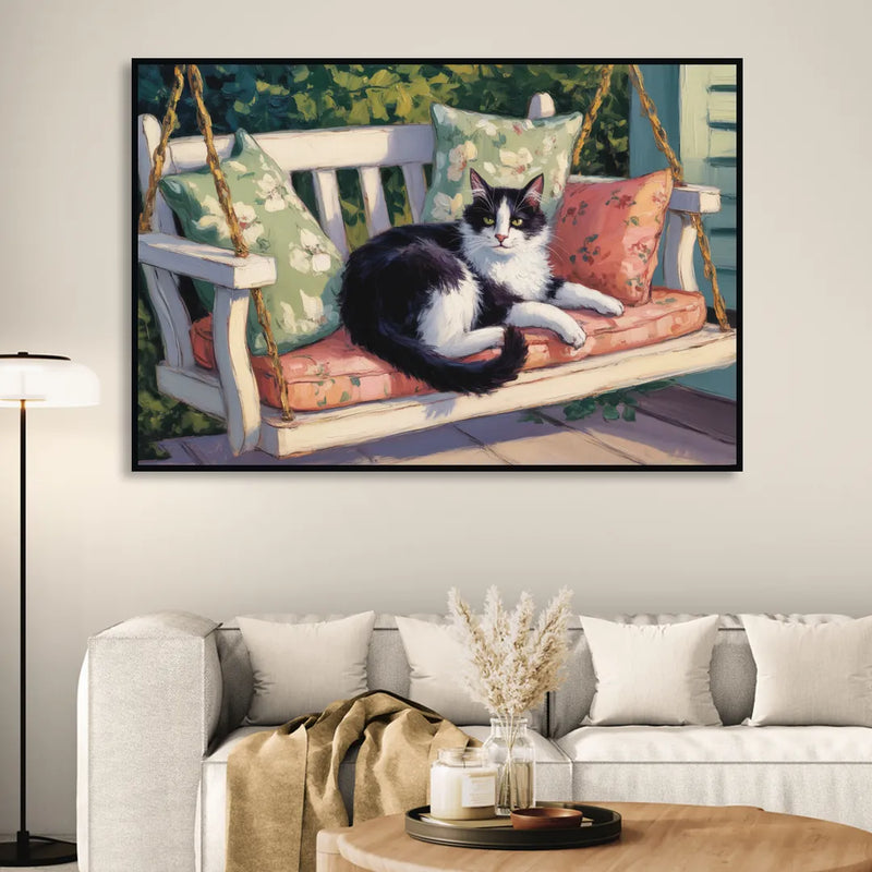 Classic Black and White Cat Living Room - Black Canvas Wall Art