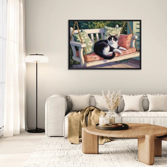 Classic Black and White Cat - Living Room Black Frame Canvas
