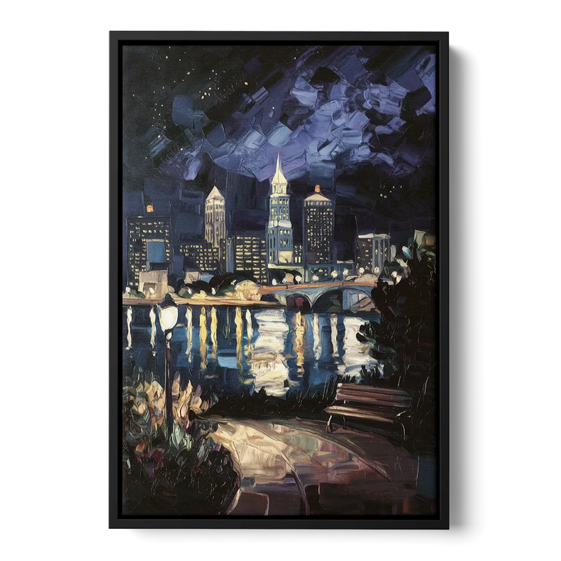 Cleveland Nighttime Lights Front - Black Canvas Wall Art