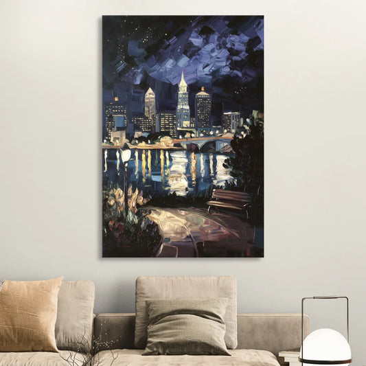 Cleveland Nighttime Lights Living Room - Canvas Wall Art