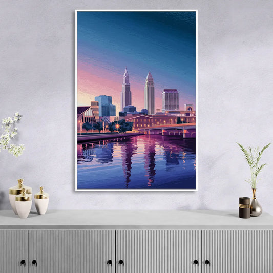 Cleveland Ohio Skyline Silhouette Living Room - White Canvas Wall Art