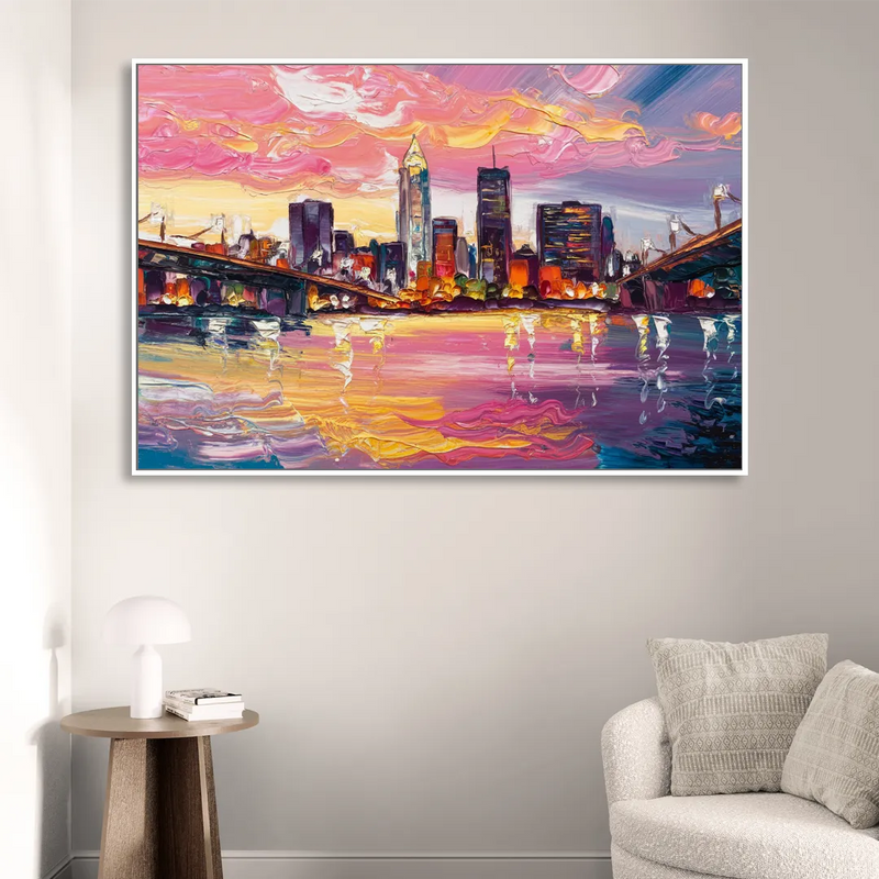 Cleveland Skyline At Sunset Living Room - White Canvas Wall Art