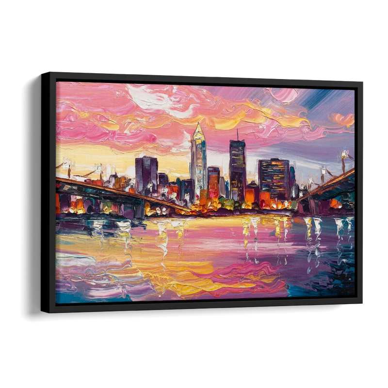 Cleveland Skyline At Sunset Side - Black Canvas Wall Art