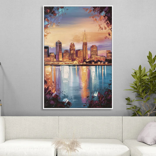 Cleveland Skyline Reflection Living Room - White Canvas Wall Art