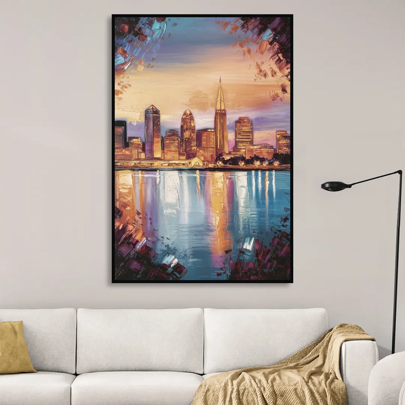 Cleveland Skyline Reflection Sitting Room - Black Canvas Wall Art