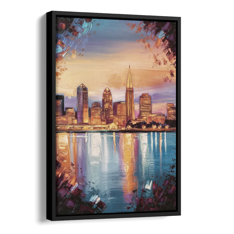 Cleveland Skyline Reflection Side - Black Canvas Wall Art