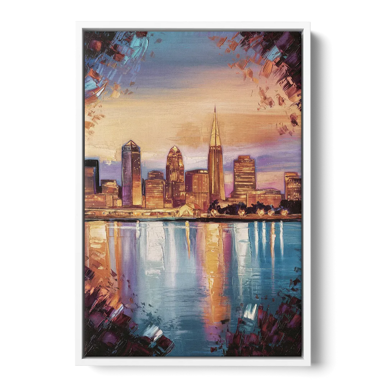Cleveland Skyline Reflection Front - White Canvas Wall Art