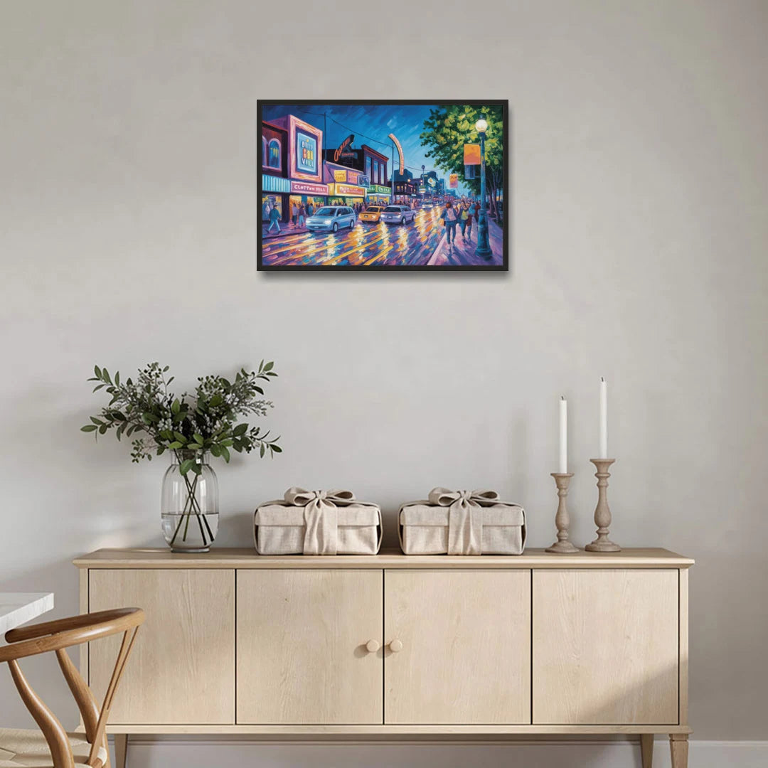 Clifton Hill Neon Lights - Black Framed Canvas Wall Art - Coffee Table - 30x20