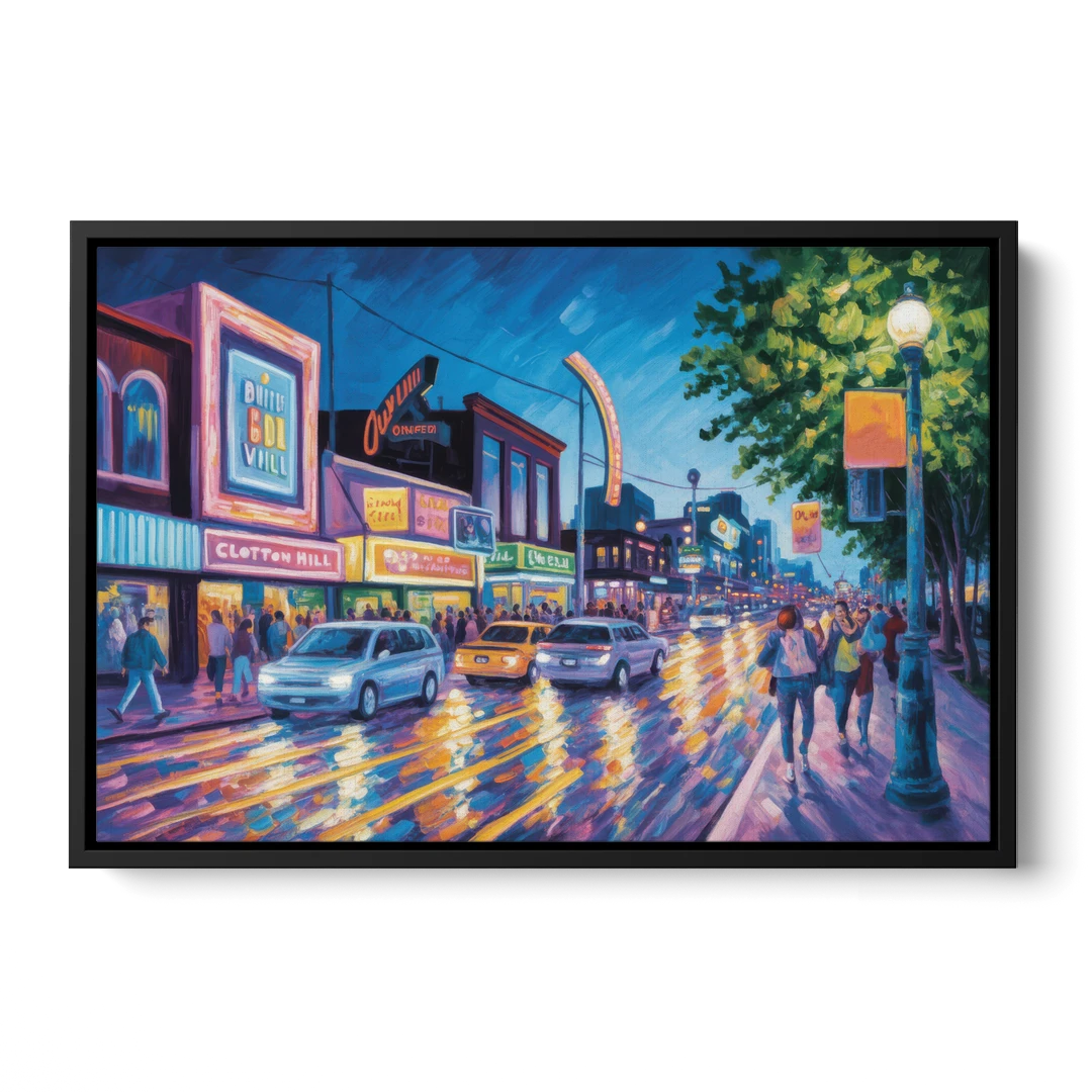 Clifton Hill Neon Lights - Black Framed Canvas Wall Art - Front