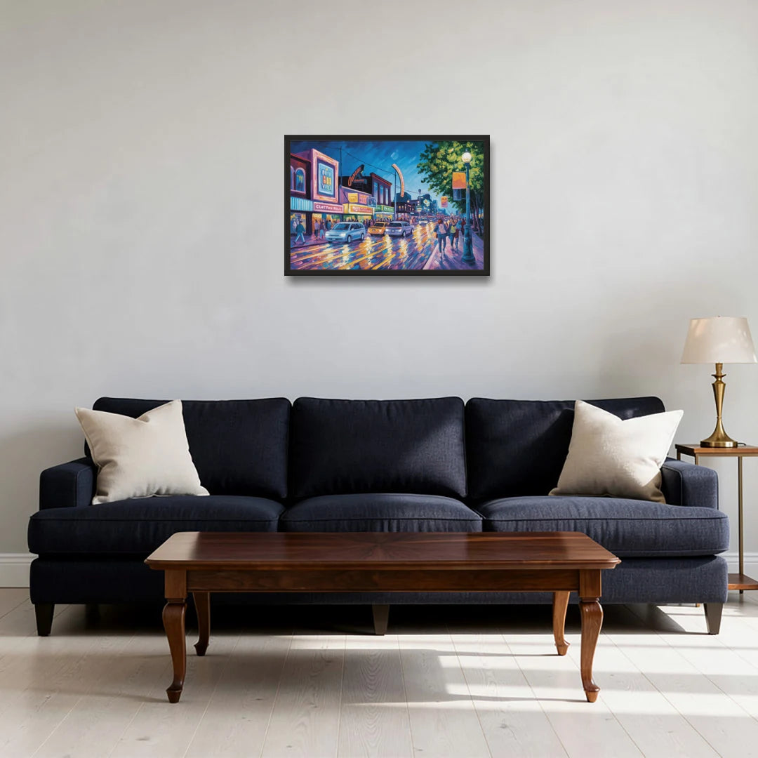Clifton Hill Neon Lights - Black Framed Canvas Wall Art - Sofa - 24x16