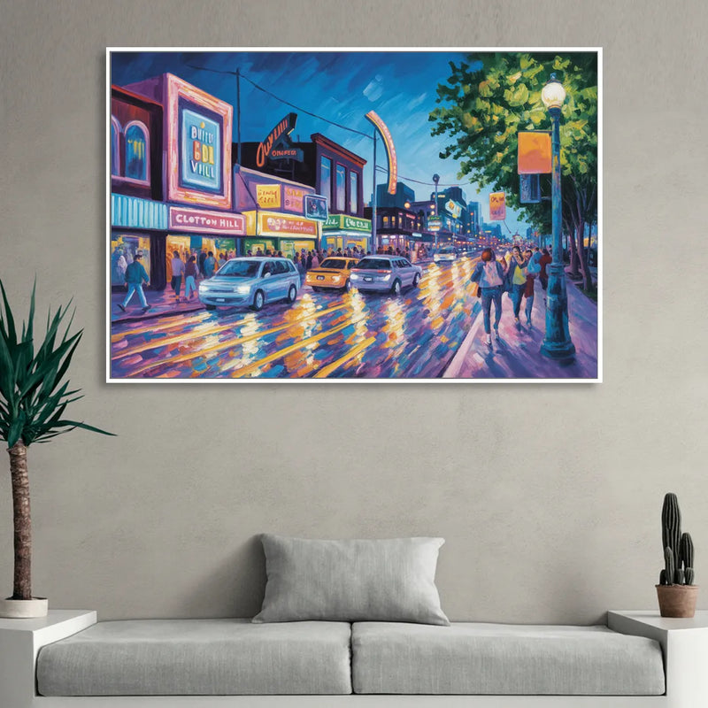 Clifton Hill Neon Lights Living Room - White Canvas Wall Art