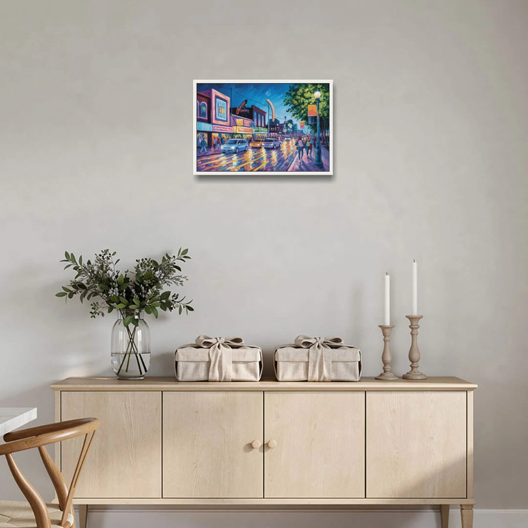Clifton Hill Neon Lights - White Framed Canvas Wall Art - Coffee Table - 24x16