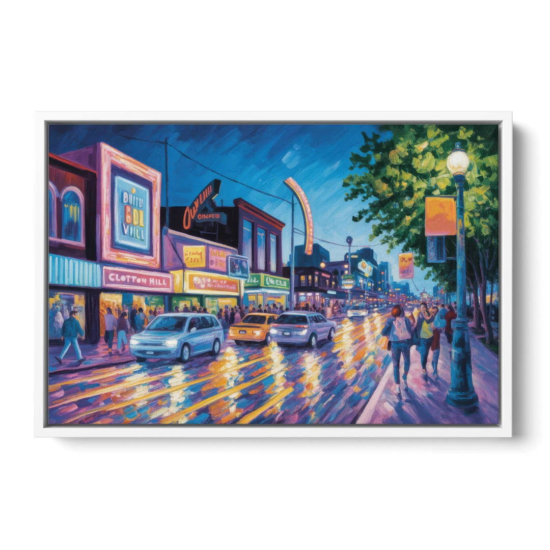 Clifton Hill Neon Lights - White Framed Canvas Wall Art - Front