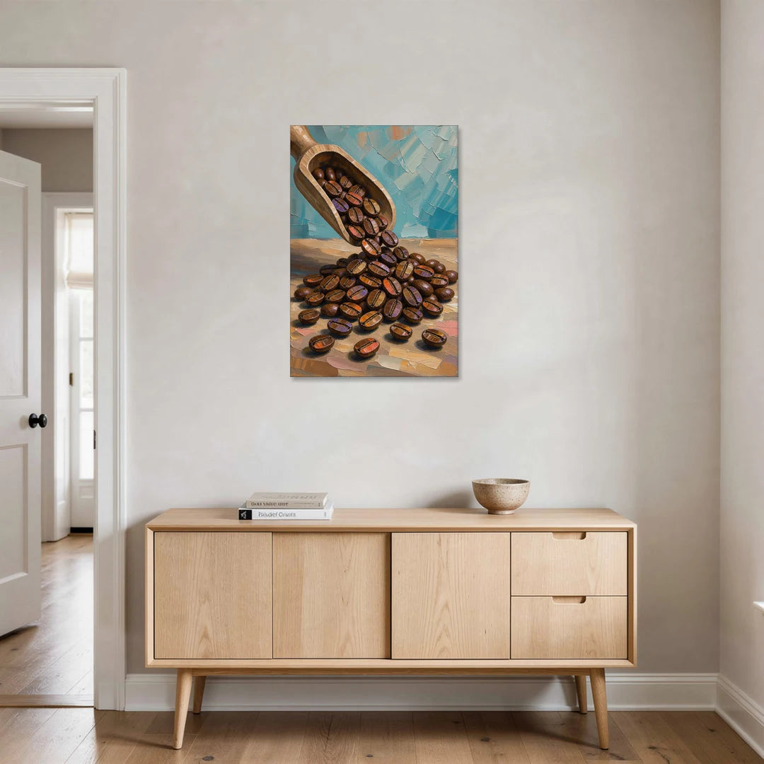 Coffee Beans Spilling From a Wooden Scoop - Canvas Wall Art - Coffee Table - 24x36