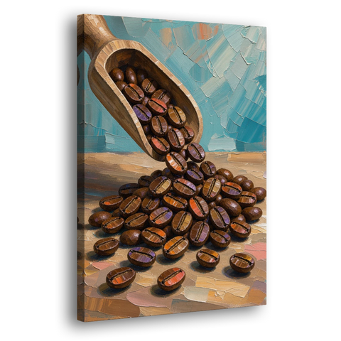 Coffee Beans Spilling From a Wooden Scoop for the Kitchen - Canvas Wall Art