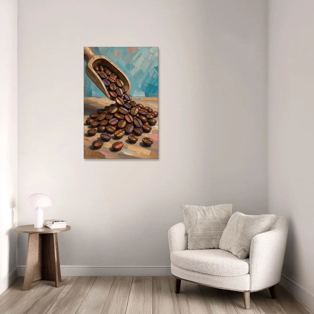 Coffee Beans Spilling From a Wooden Scoop - Canvas Wall Art - Sofa - 24x36
