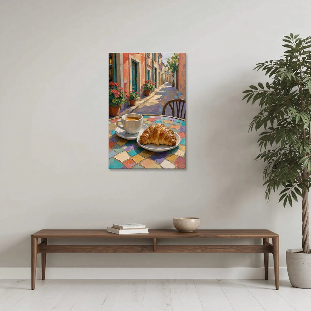 Coffee Oil Painting With Croissant on Mosaic Table - Canvas Wall Art - Coffee Table - 24x36