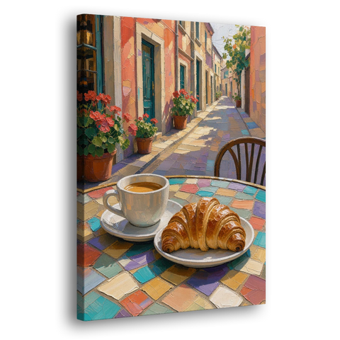 Coffee Oil Painting With Croissant on Mosaic Table - Canvas Wall Art