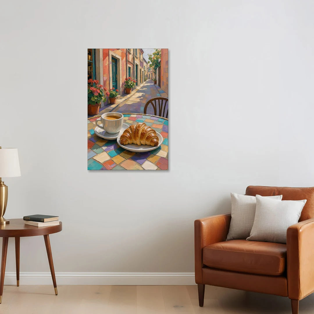 Coffee Oil Painting With Croissant on Mosaic Table - Canvas Wall Art - Sofa - 24x36