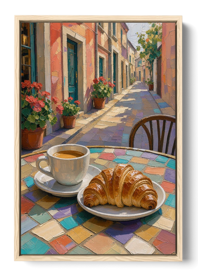 Coffee Oil Painting With Croissant on Mosaic Table - Canvas Wall Art