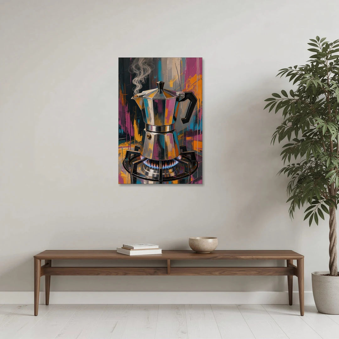 Coffee Pot Painting on the Blue Flame - Canvas Wall Art - Coffee Table - 24x36