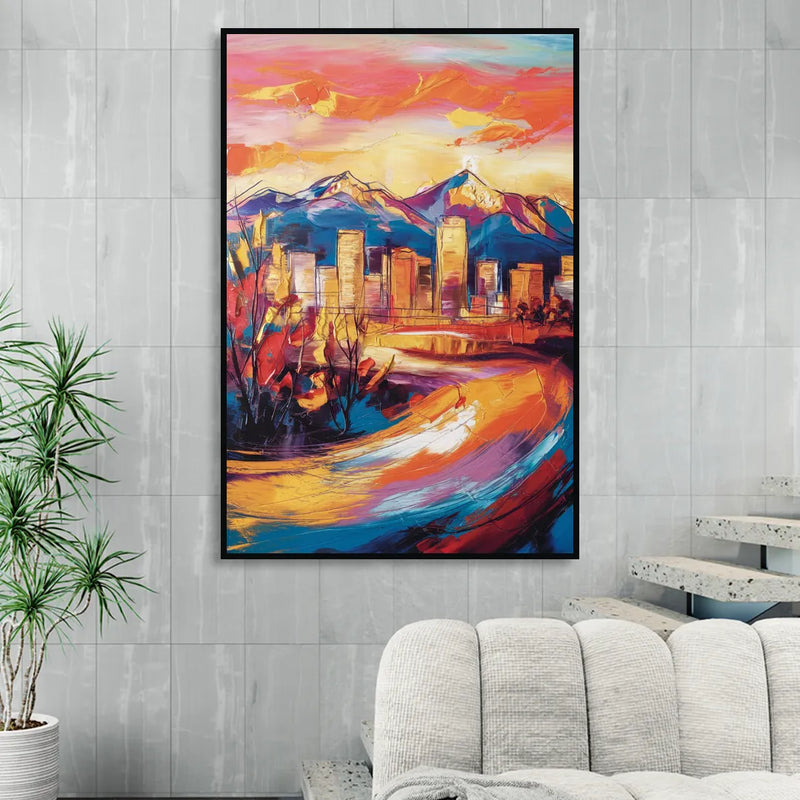 Colorado Springs Skyline Sunset Sitting Room - Black Canvas Wall Art