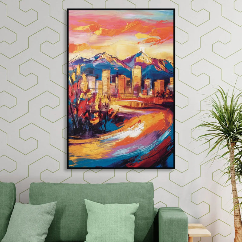Colorado Springs Skyline Sunset Living Room - Black Canvas Wall Art