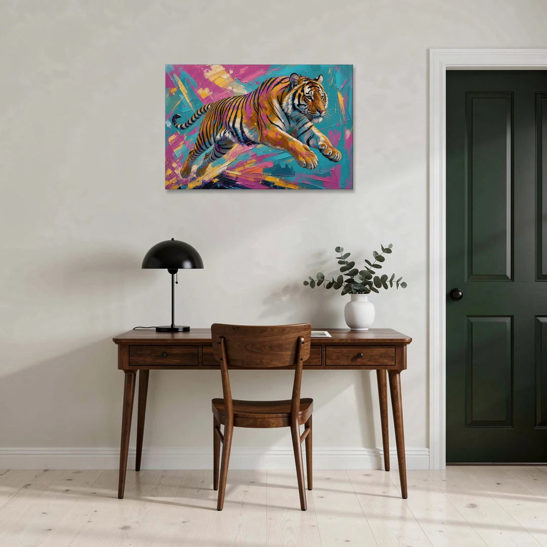 Colorful Tiger Painting Mid-Leap - Canvas Wall Art - Office - 36x24