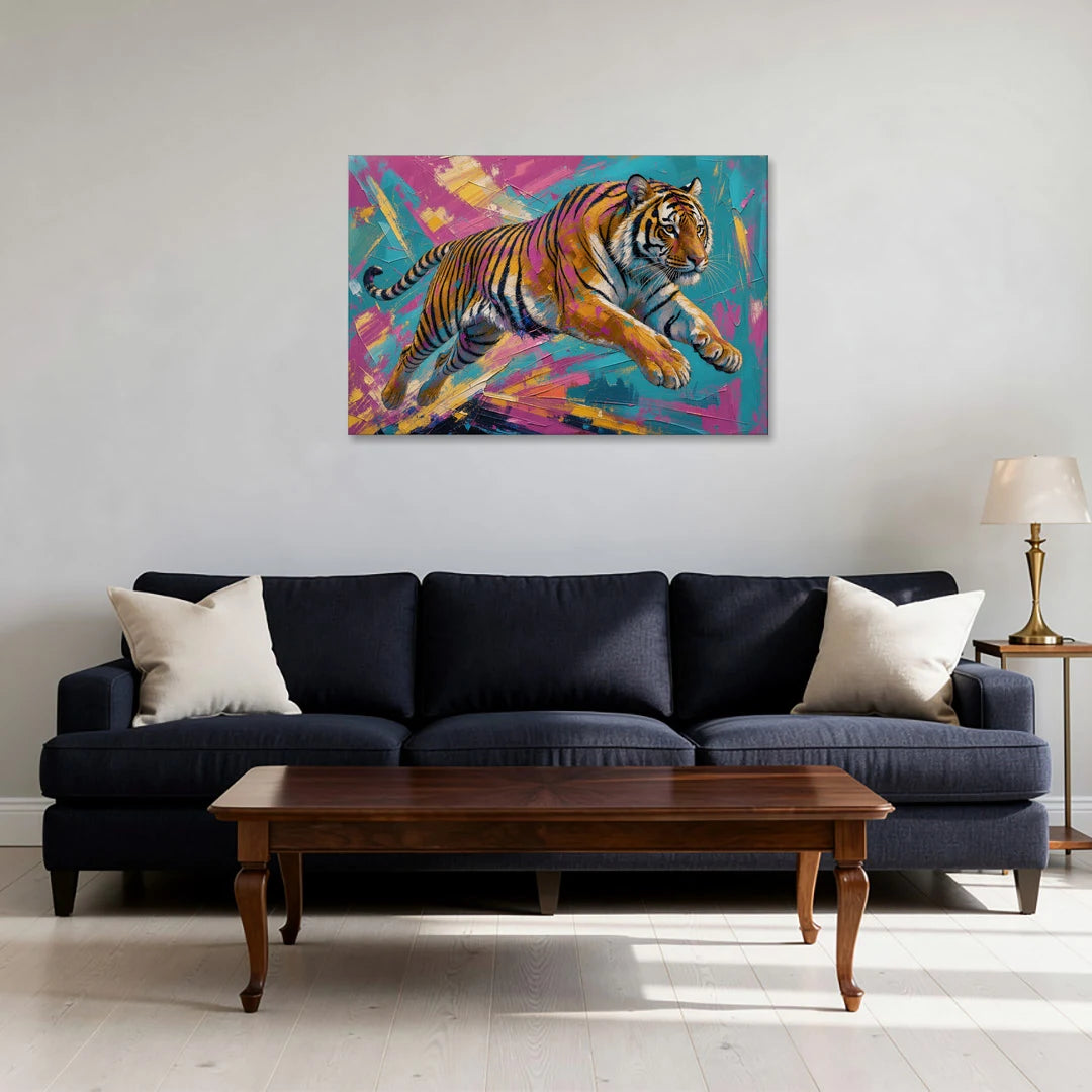 Colorful Tiger Painting Mid-Leap - Canvas Wall Art - Sofa - 36x24