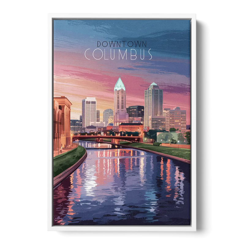 Columbus Downtown Panorama Front - White Canvas Wall Art
