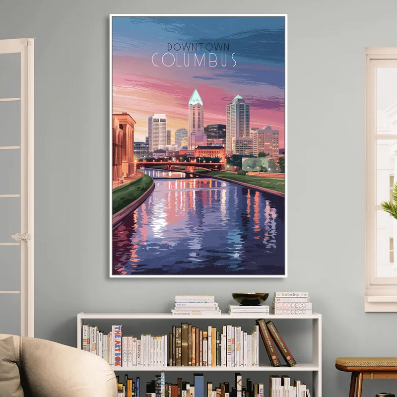 Columbus Downtown Panorama Living Room - White Canvas Wall Art
