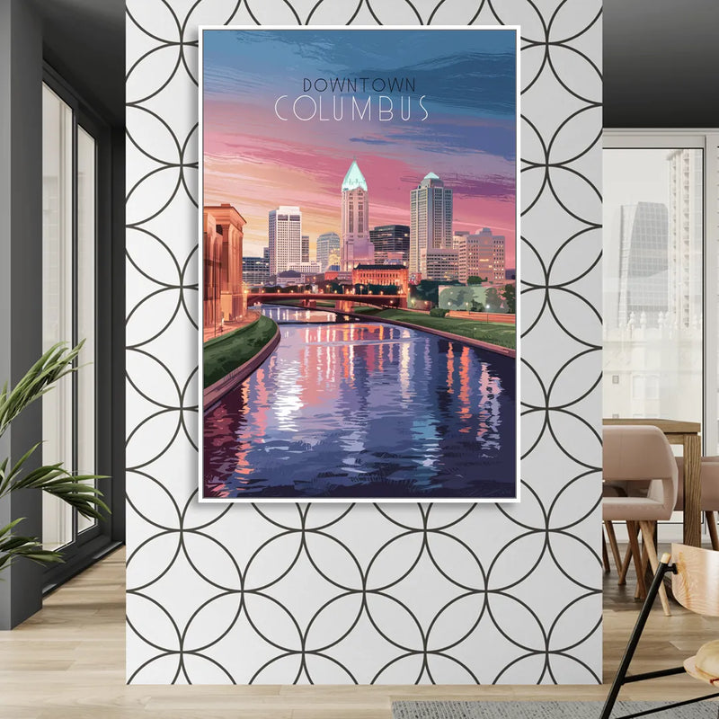 Columbus Downtown Panorama Sitting Room - White Canvas Wall Art
