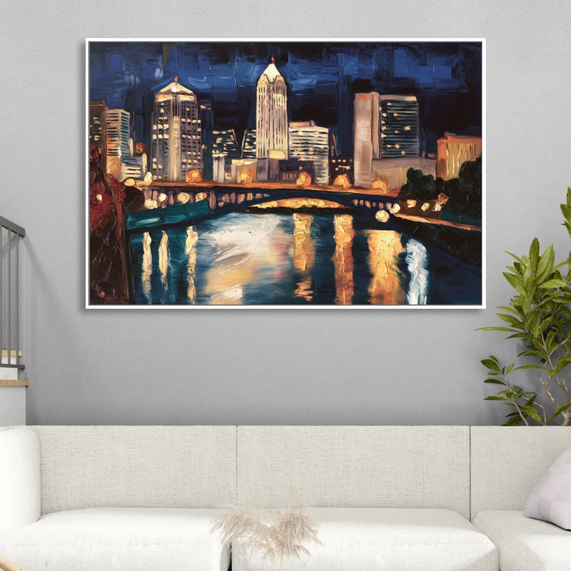 Columbus Nighttime Skyline Living Room - White Canvas Wall Art