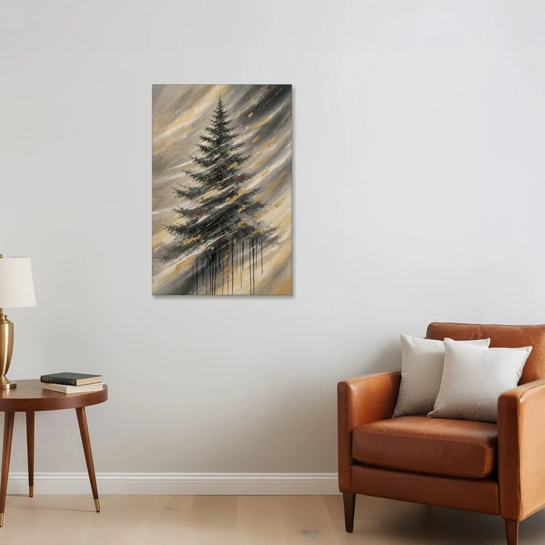 Contemporary Christmas Winter Tree in a Gold Blizzard - Canvas Wall Art - Sofa - 24x36