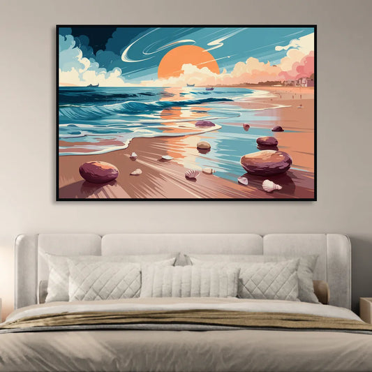 Corpus Christi Beach Sunset Living Room - Black Canvas Wall Art