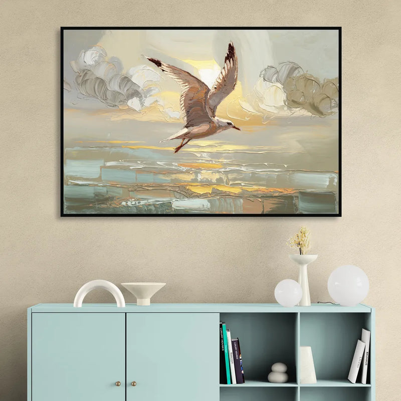 Corpus Christi Seagulls In Flight Living Room - Black Canvas Wall Art