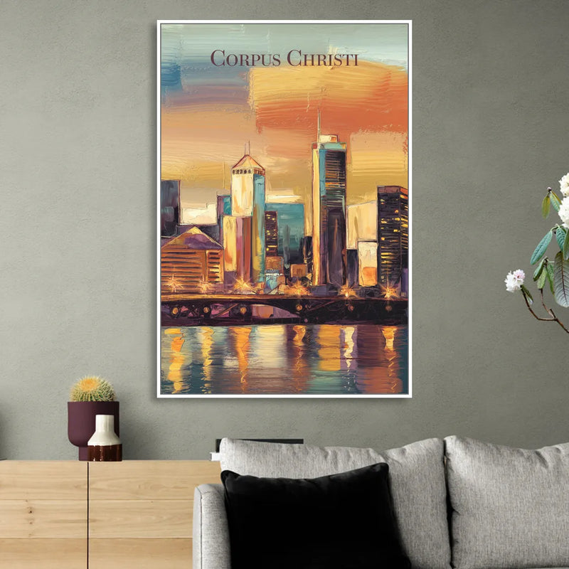 Corpus Christi Skyline View Sitting Room - White Canvas Wall Art