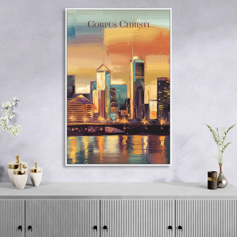 Corpus Christi Skyline View Living Room - White Canvas Wall Art
