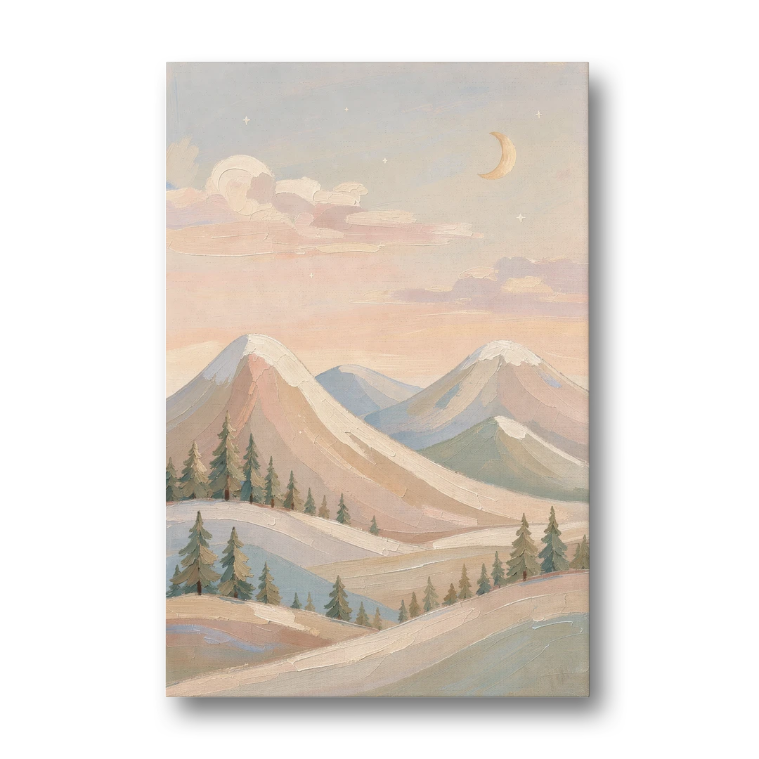 Crescent Moon Over Pastel Mountains - Canvas Wall Art - Front