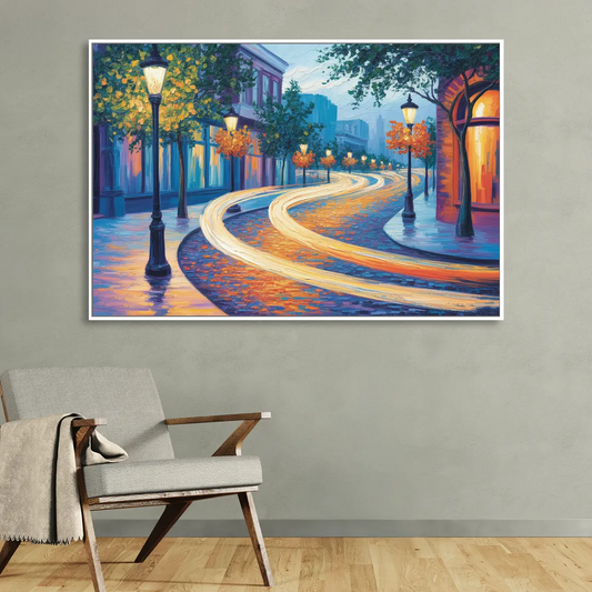 Crescent Street Lights Living Room - White Canvas Wall Art