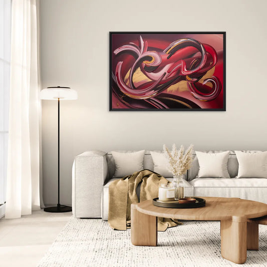 Crimson Whirlwind Red Abstract - Living Room Black Frame Canvas