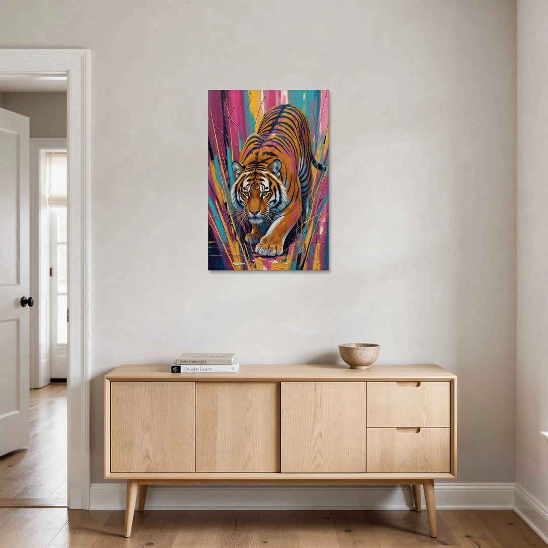 Crouching Tiger in Magenta and Teal Strokes - Canvas Wall Art - Coffee Table - 24x36
