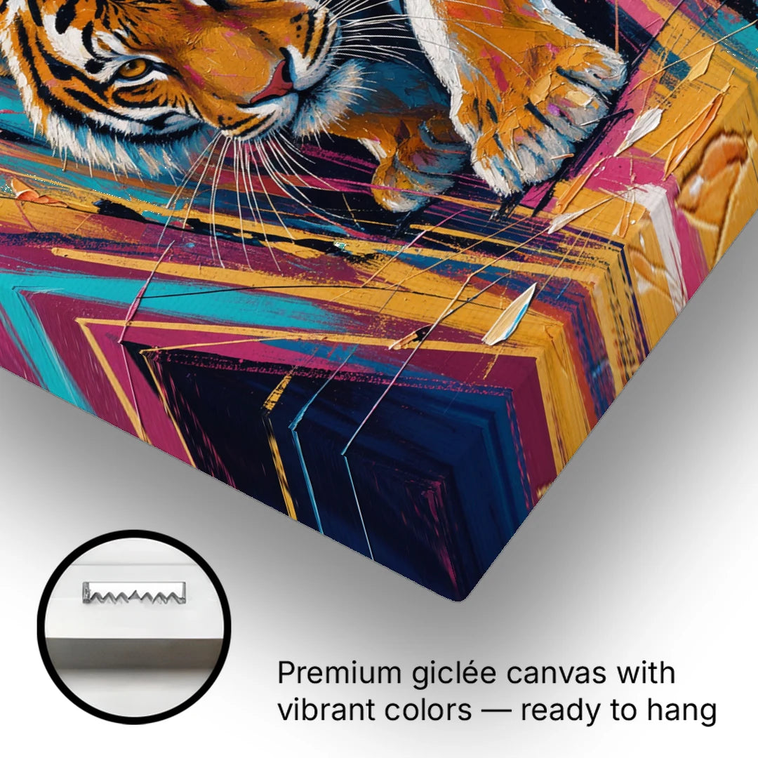 Crouching Tiger in Magenta and Teal Strokes - Canvas Wall Art - Gallery Wrap Corner