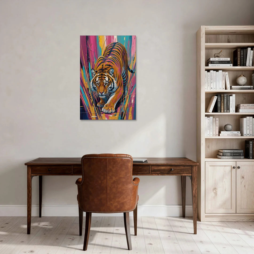Crouching Tiger in Magenta and Teal Strokes - Canvas Wall Art - Office - 24x36