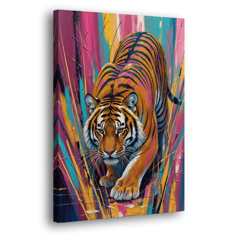 Crouching Tiger in Magenta and Teal Strokes - Canvas Wall Art