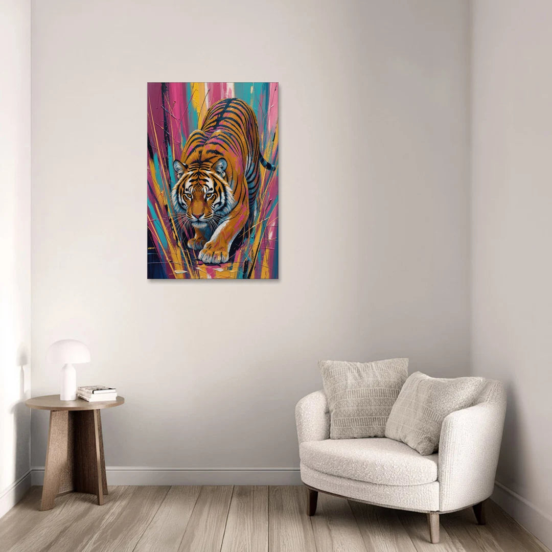 Crouching Tiger in Magenta and Teal Strokes - Canvas Wall Art - Sofa - 24x36