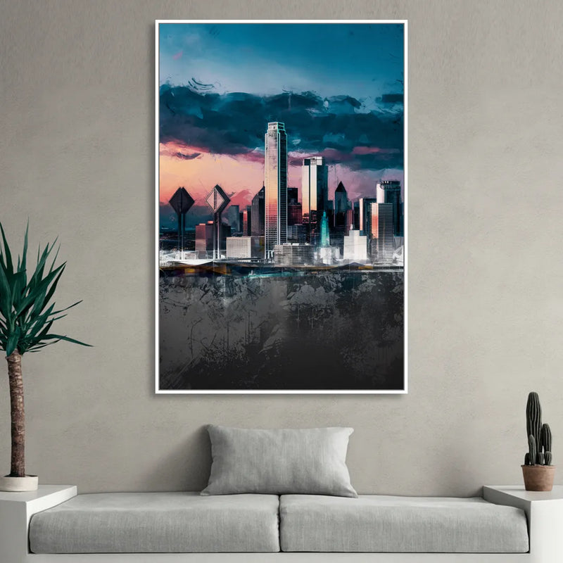 Dallas Cityscape Panorama Sitting Room - White Canvas Wall Art
