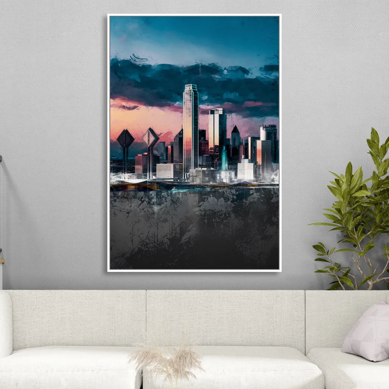 Dallas Cityscape Panorama Living Room - White Canvas Wall Art