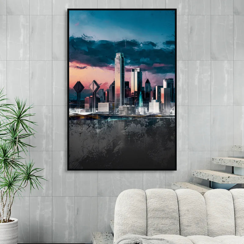 Dallas Cityscape Panorama Living Room - Black Canvas Wall Art