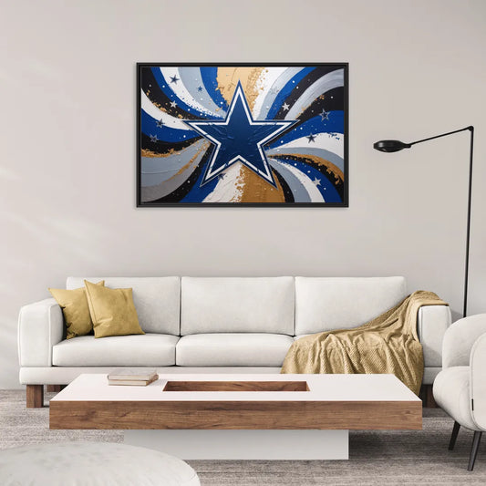 Dallas Cowboys Abstraction Energetic Team Spirit in Blue  Silver - Living Room Black Frame Canvas